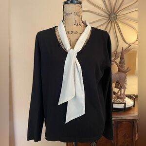 Vila Milano Black Lightweight Sweater with White Front Neck Tie